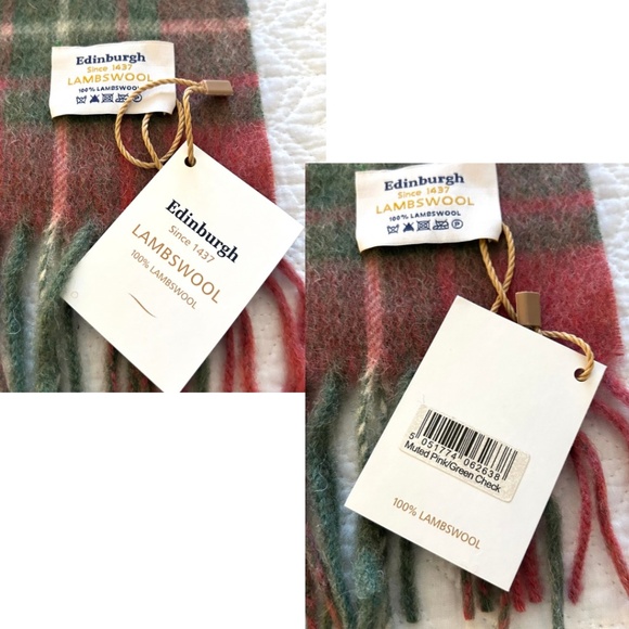 🎁Gift Ready NWT Edinburgh since 1437 100% Lambswool Check Scarf Muted Pink/Green - Picture 4 of 13